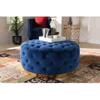 Baxton Studio TSF-6689-Royal Blue/Gold-Otto Sasha Glam and Luxe Royal Blue Velvet Fabric Upholstered Gold Finished Round Cocktail Ottoman